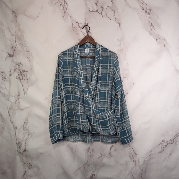 CAbi Blouse Blue Medium 3068 Windowpane Plaid Surplice Faux Wrap Top Long Sleeve - Picture 1 of 11